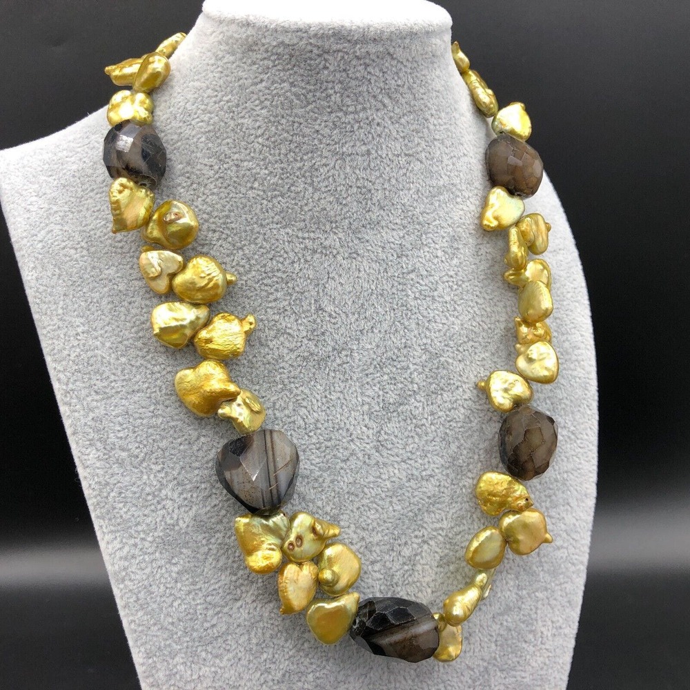 BG Baroque Fresh Water Pearl Necklace Coin Hearts Banded Agate 14K GP 925 Clasp‎